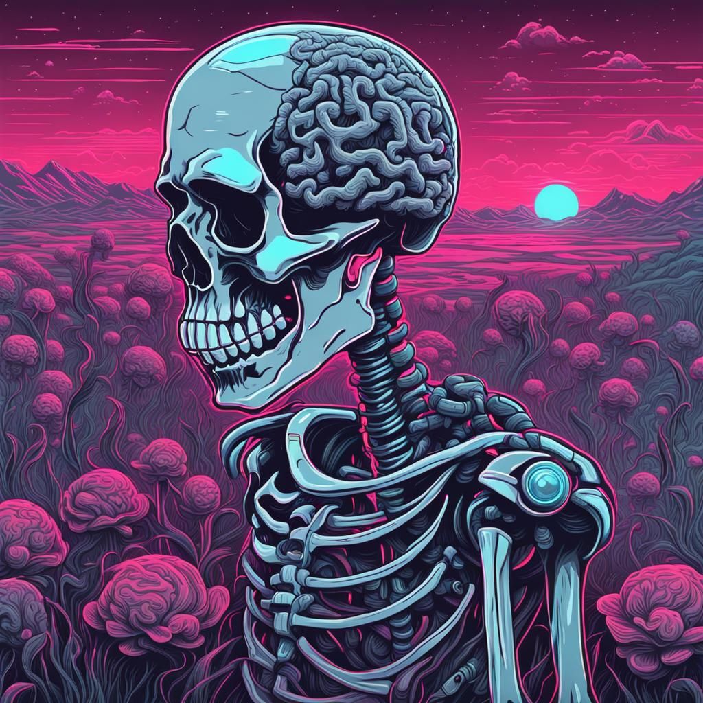 Skeleton Collecting Brains on Mars in Synthwave Style