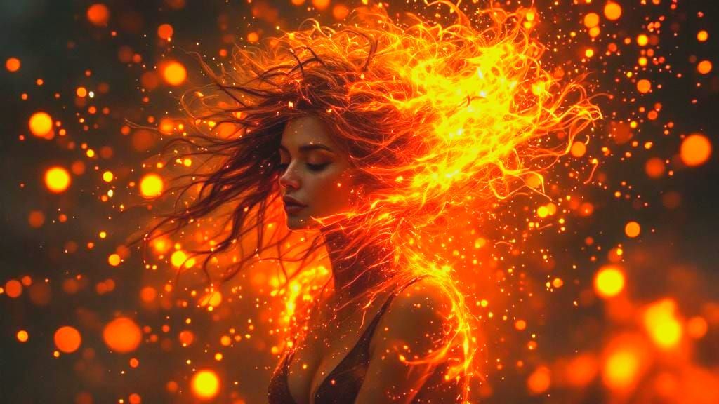 Fiery Woman with Burning Hair in Digital Art