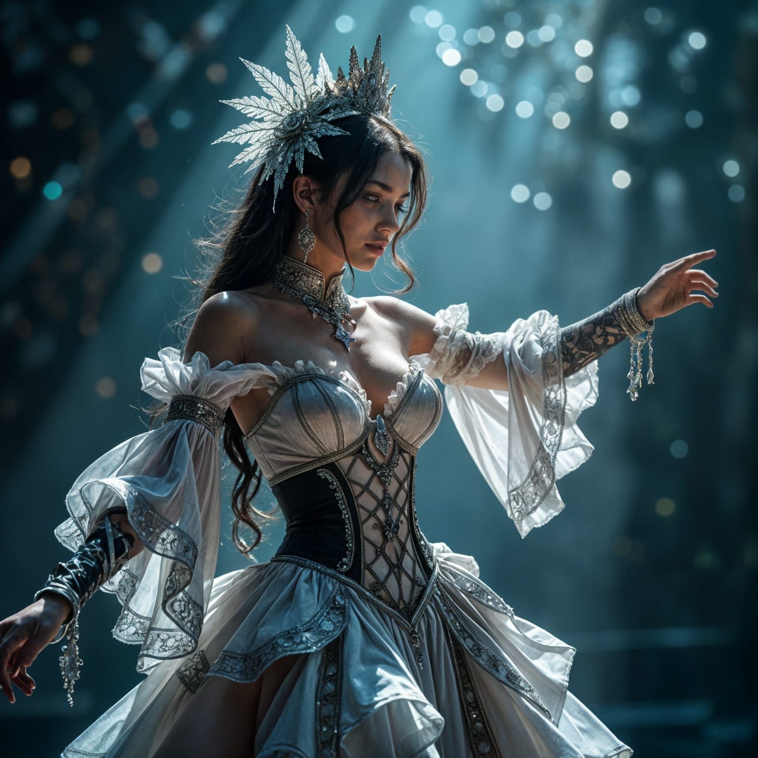 Woman Dancing on Stage with Silver Highlights