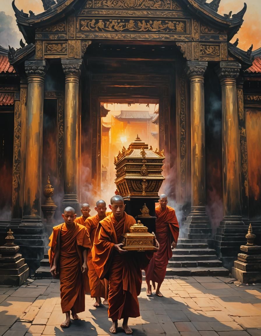 Thai Temple Funeral: Impressionist Oil Painting