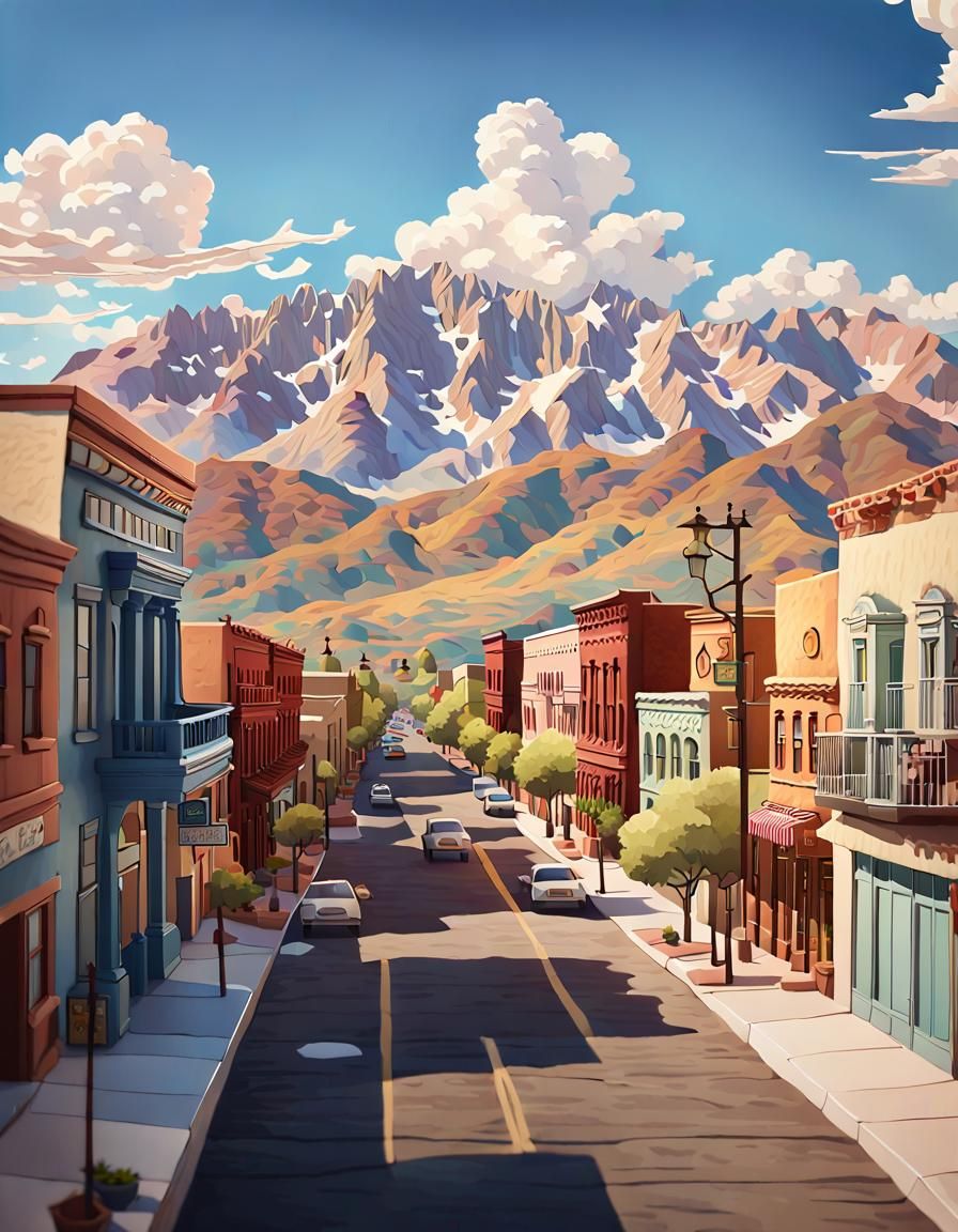 Southwestern Street Scene With Mountain View