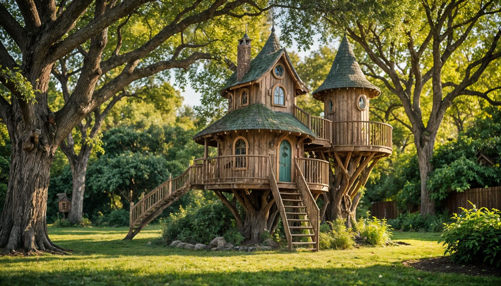 Whimsical Treehouse Castle in a Serene Backyard Oasis