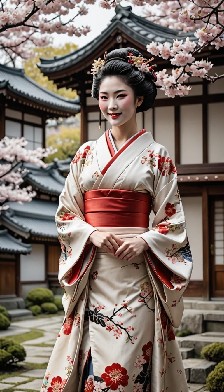 Beautiful Smiling Geisha in Sakura Garden