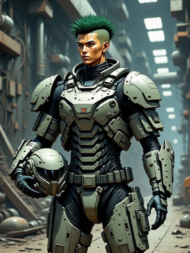 Sci-Fi Portrait: Armored Pilot in Hangar Bay