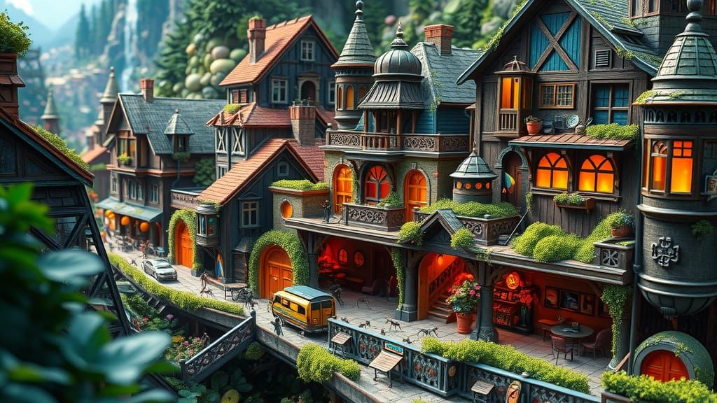 Thriving Miniature Insect City in Comic Book Art Style