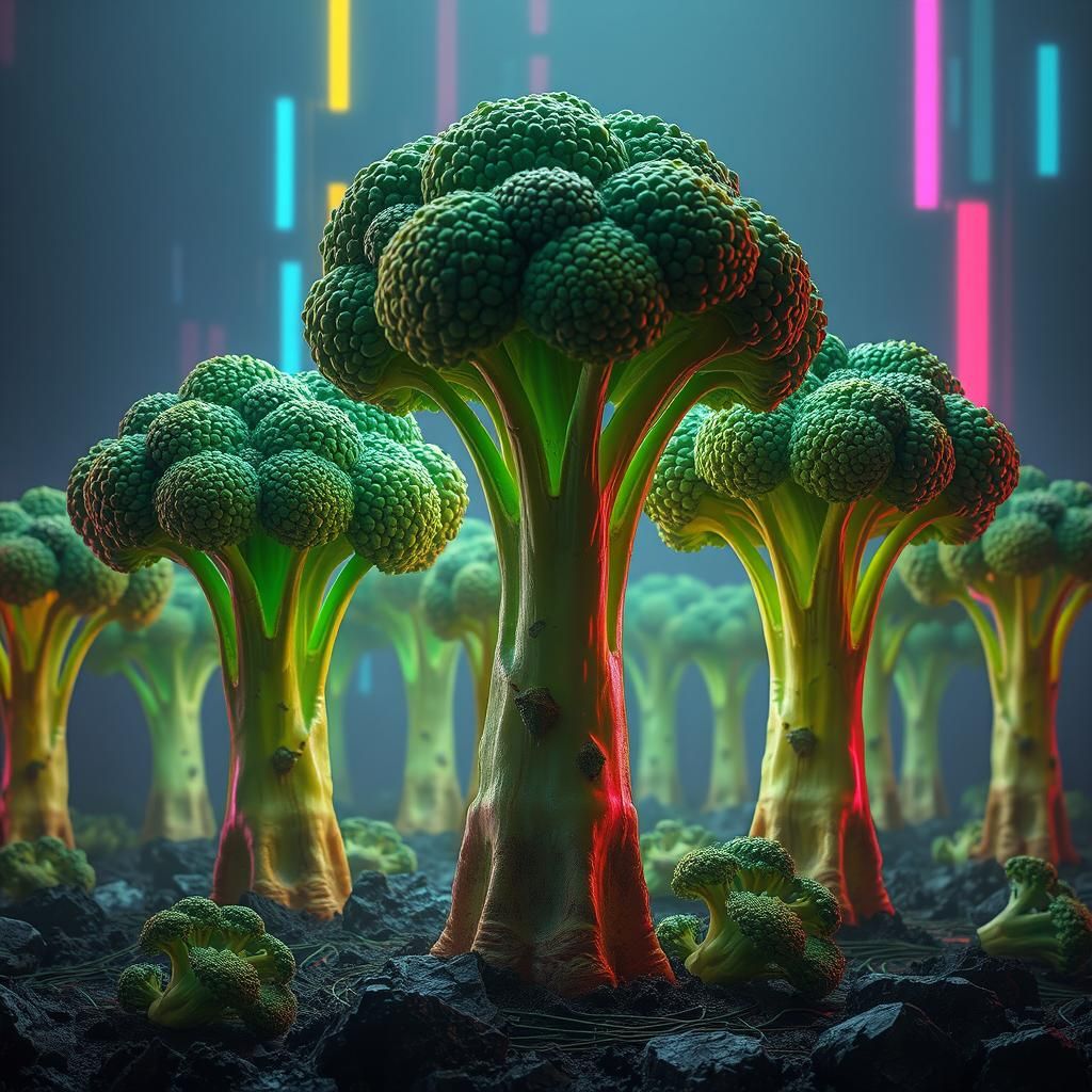 Broccoli Trees in Cyberpunk Neon Cityscape