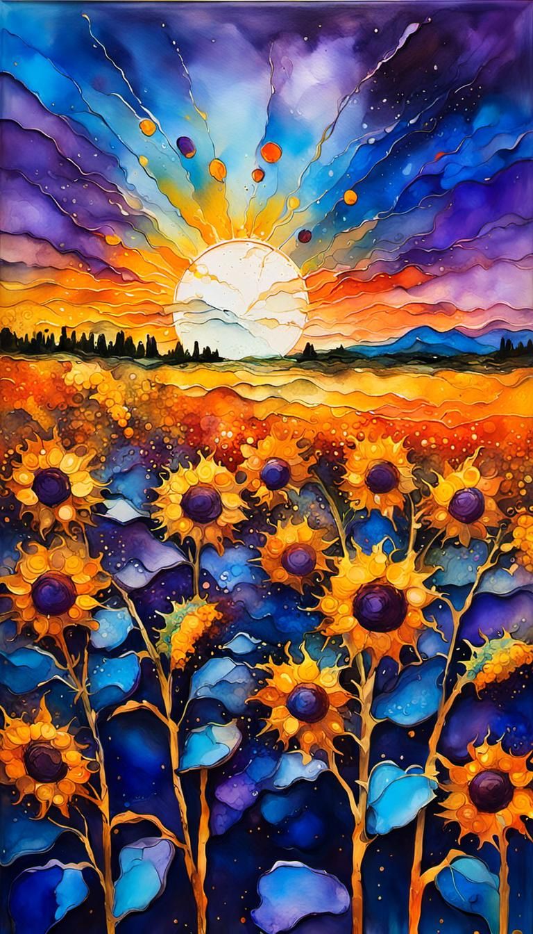 Abstract Alcohol Ink Blue Purple Orange Sunset Splatter Wash, Sunny Rays of Light, Several Stems of Realistic Goldenrod ...