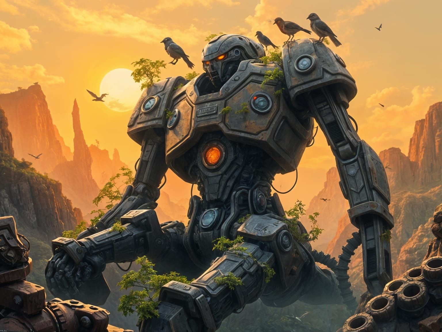 Robot Relic in Canyon with Runes: Post-Apocalyptic Fantasy