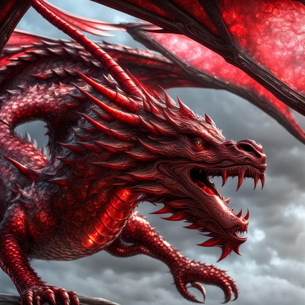 Metallic Red Dragon Soaring in Futuristic Colors