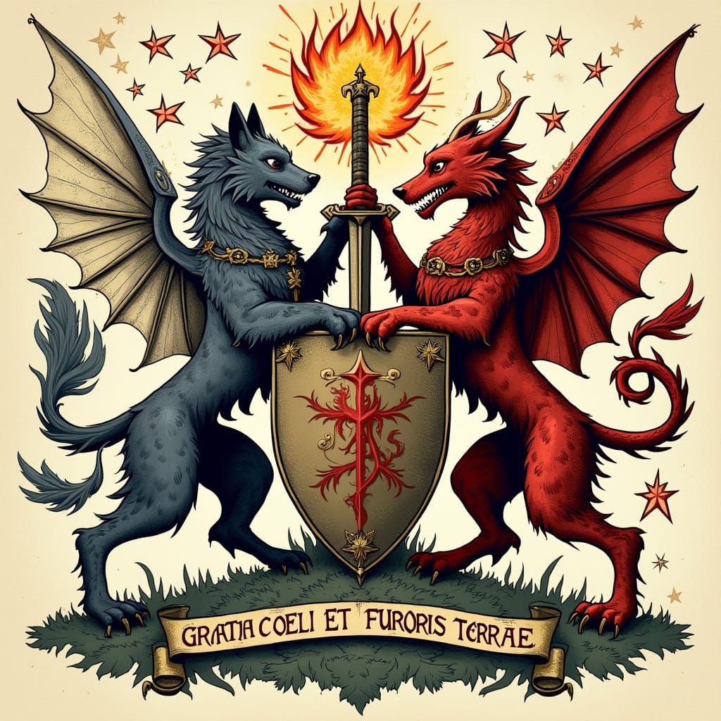 Medieval-Style Coat of Arms with Wolf and Dragon in Victory