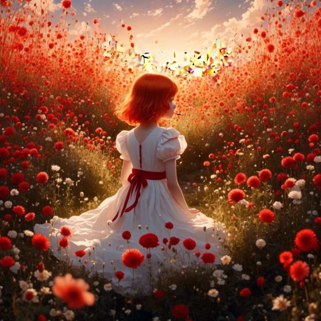 Anime Girl in Flower Field at Golden Hour