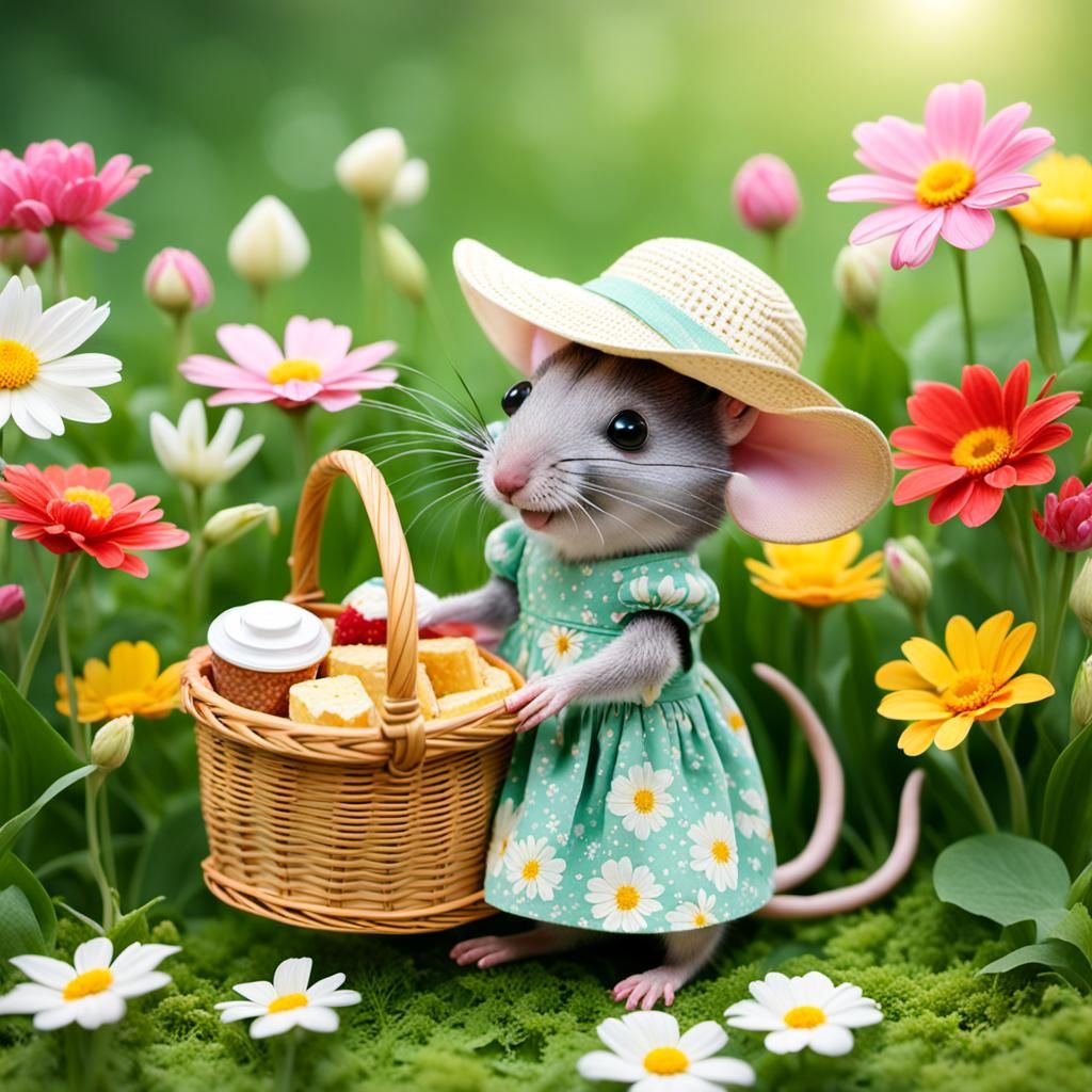 Mouse's Delightful Picnic in a Flower Meadow