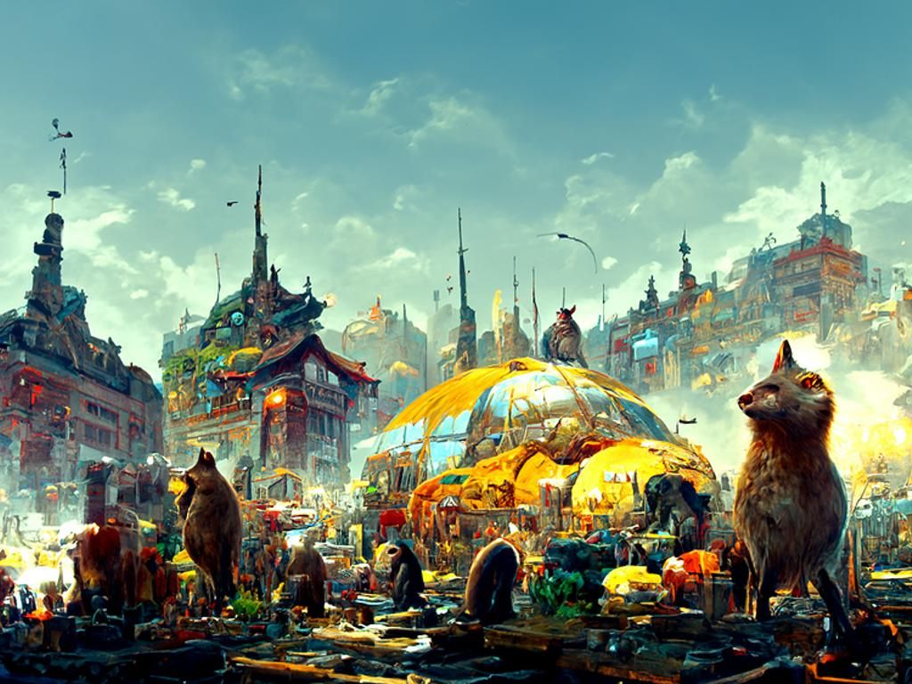 Lively Animal City Market: Digital Art