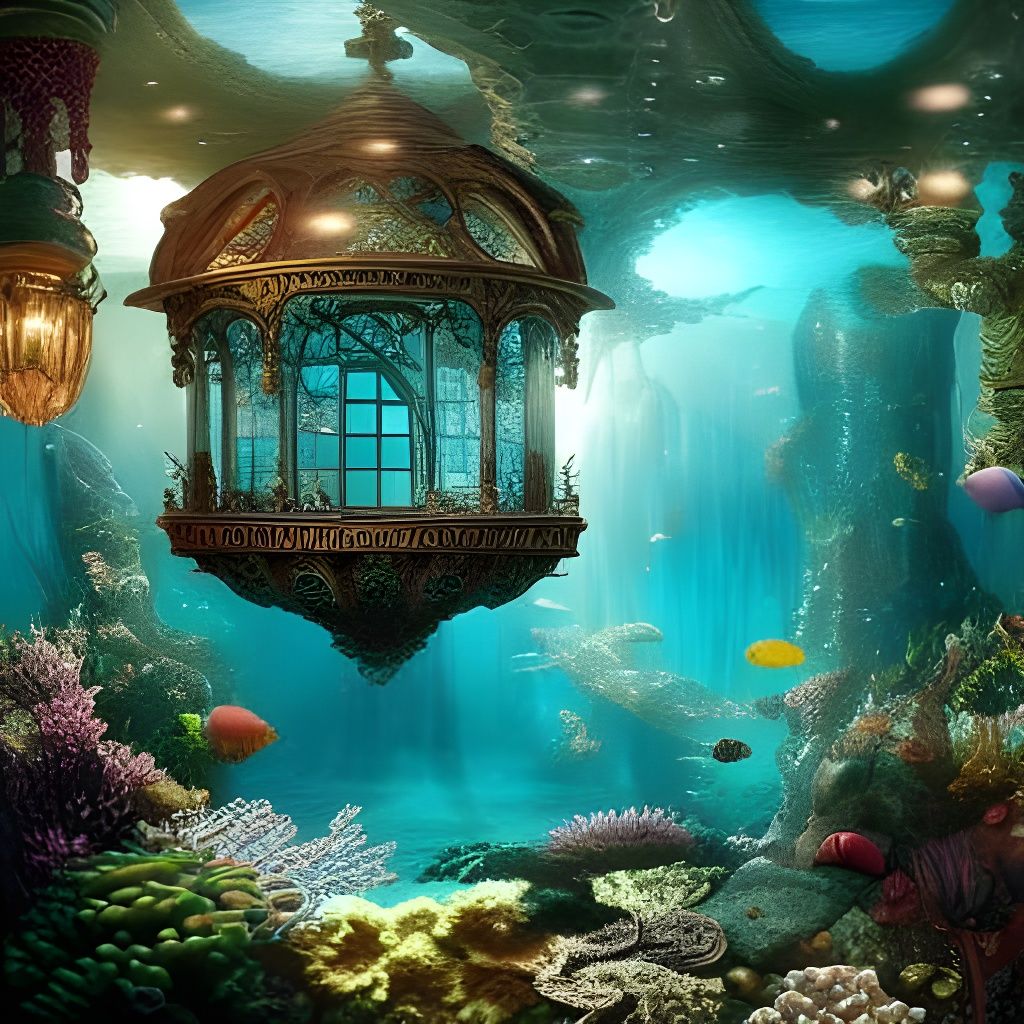 Fairytale Mermaid in Underwater Library: Digital Matte Paint...