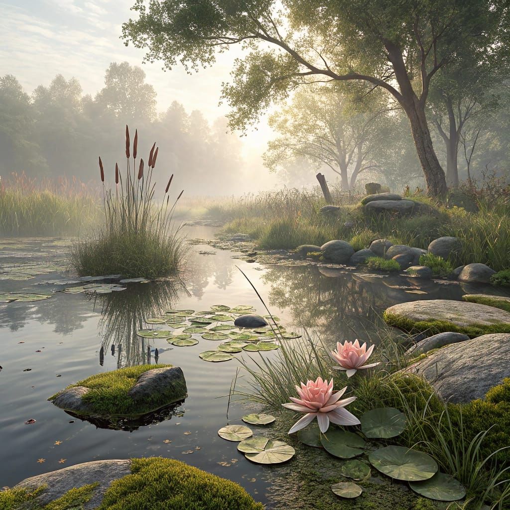 Realistic Misty Morning Pond Scene in Natural Light