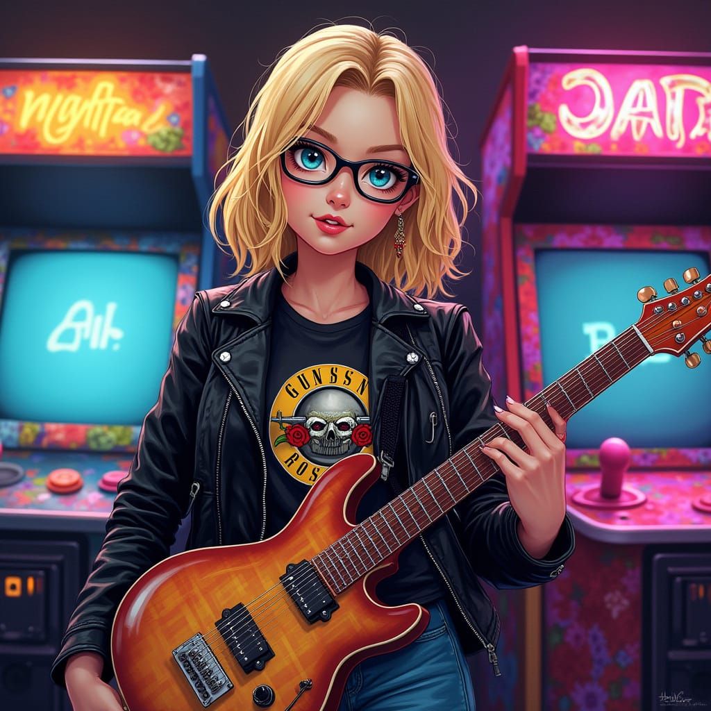 Blonde Woman Rocking Out in Arcade, Comic Art Style