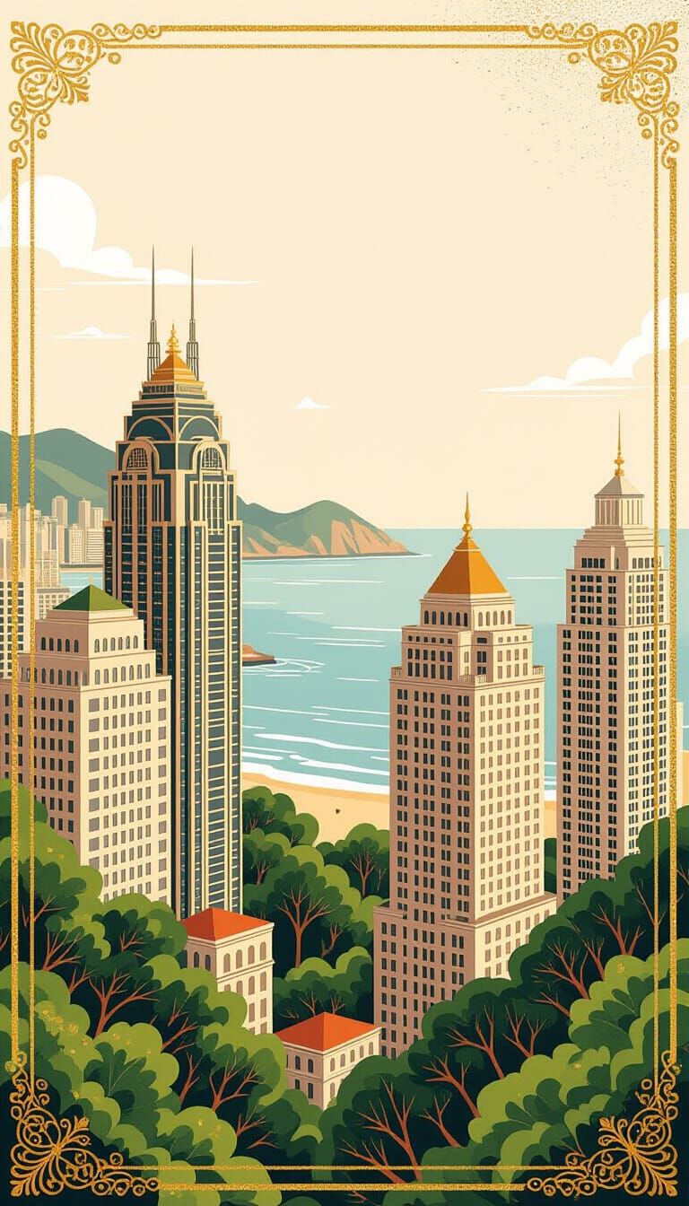 Elegant Greeting Card with Gold Frame and Sea View