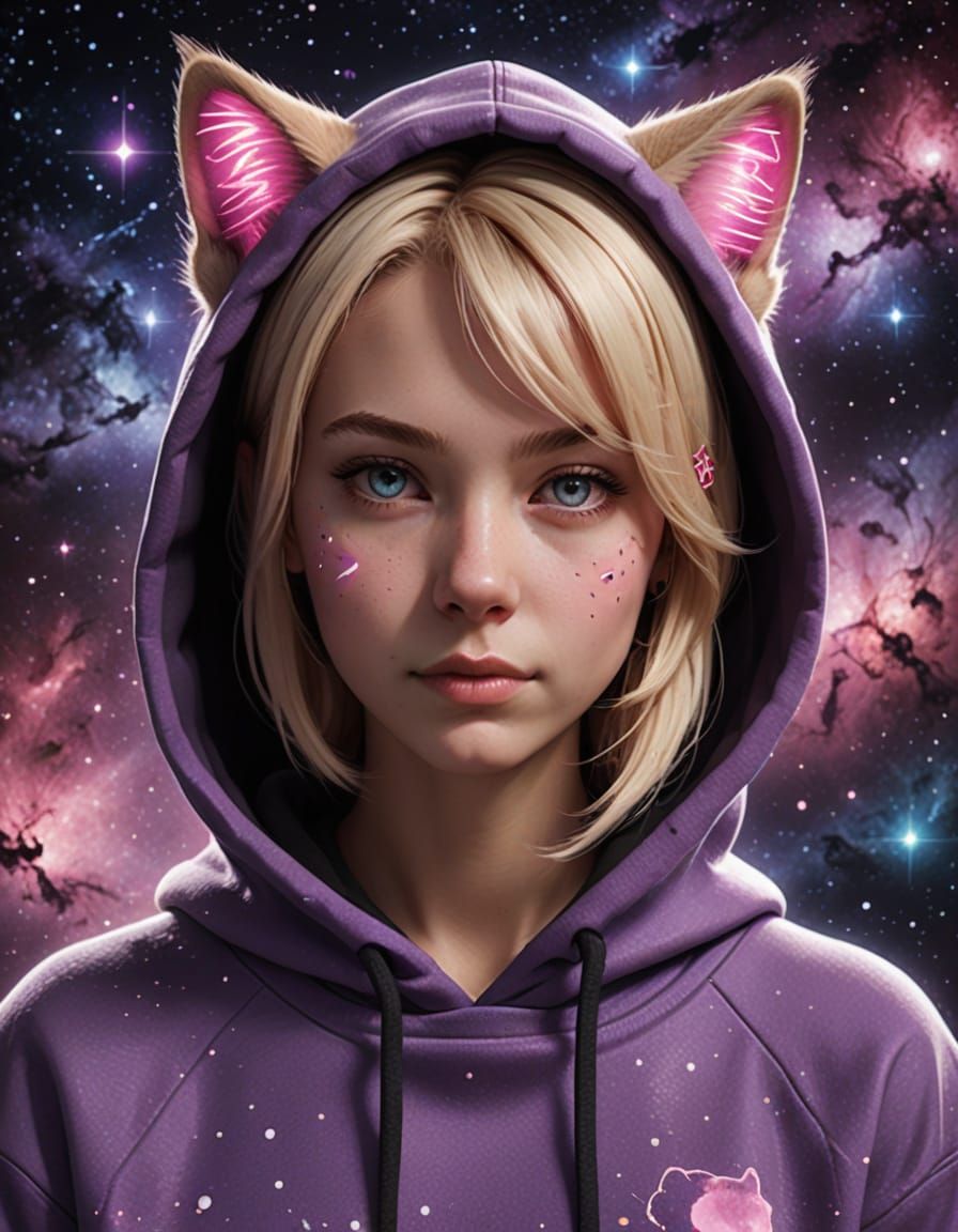 Realistic 3D Portrait of a Blonde Woman with Cat Ears in Spa...
