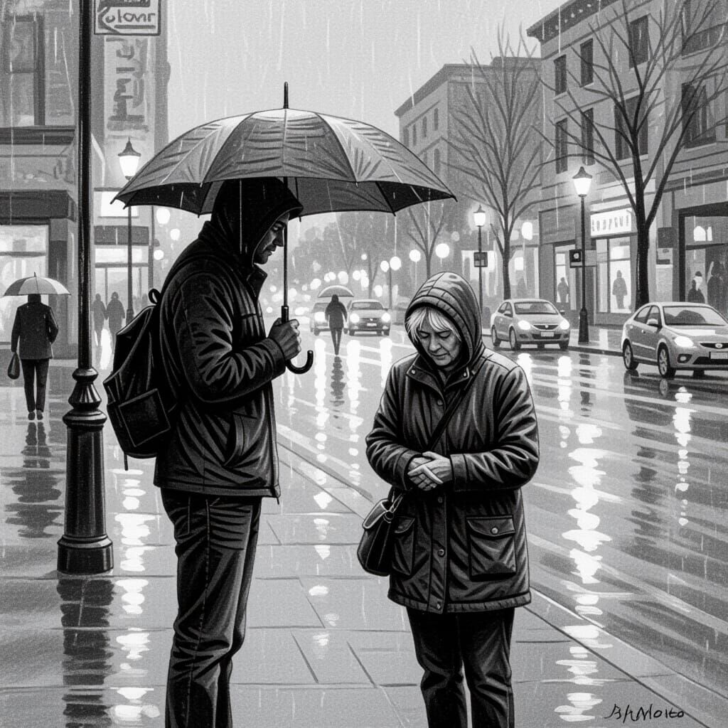 Strangers Unite in Rainy Day Charcoal Drawing