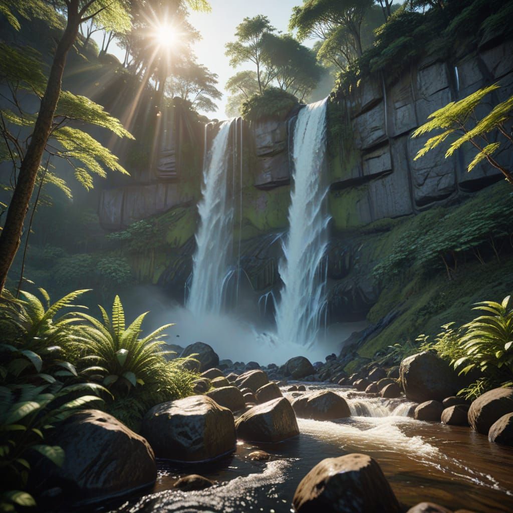 Cinematic Waterfall Scene in Lush Greenery