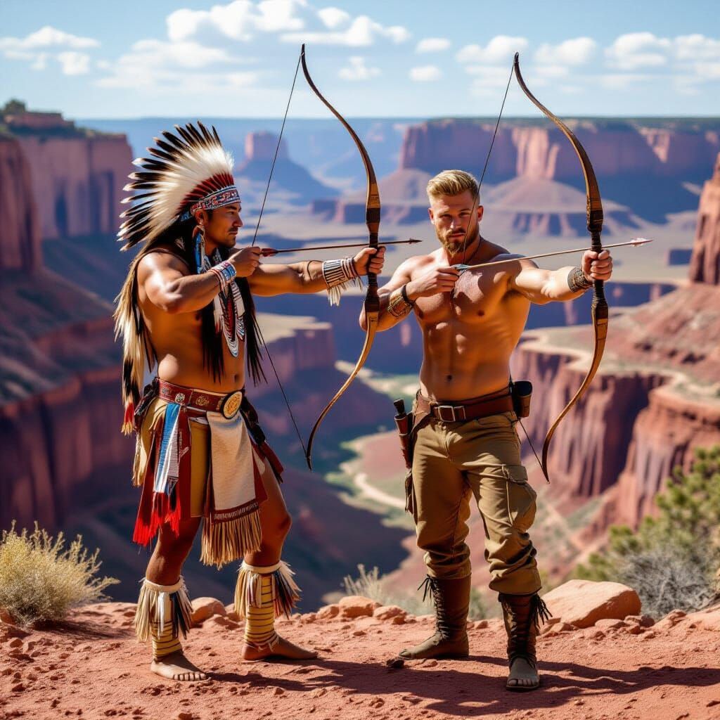 Men Practice Archery in Glowing Canyon at Twilight