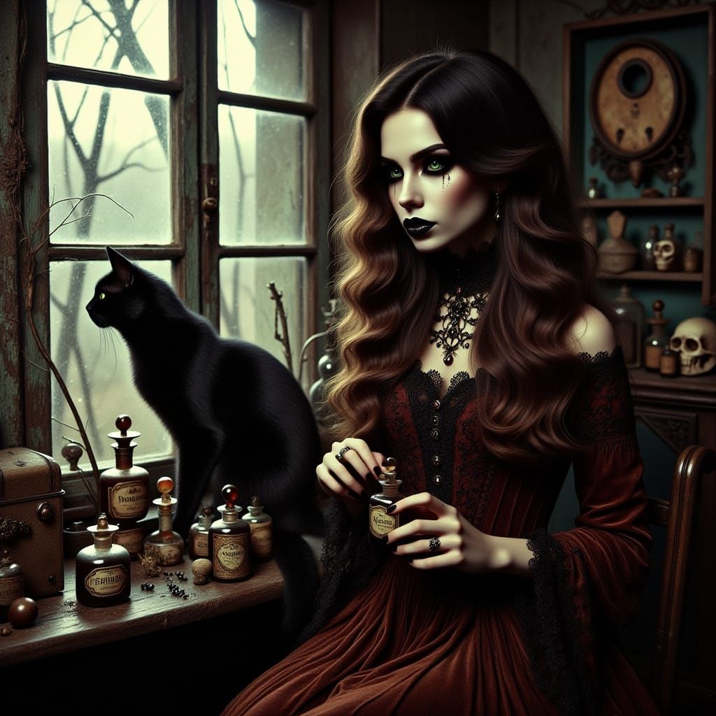 Witch-Apothecary in Dimly Lit Country House