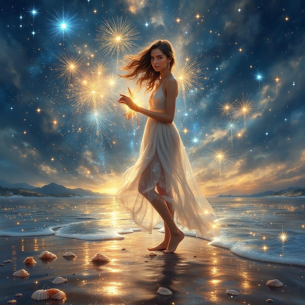 Magical Night: Woman with Star on Beach