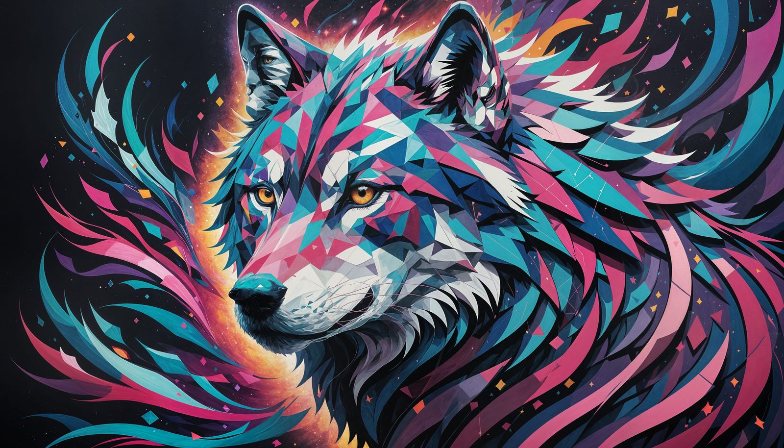 Surreal Wolf in Neon Hues and Cosmic Patterns