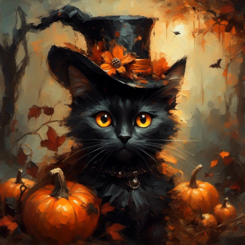 Halloween Black Cat in Whimsical Storybook Style