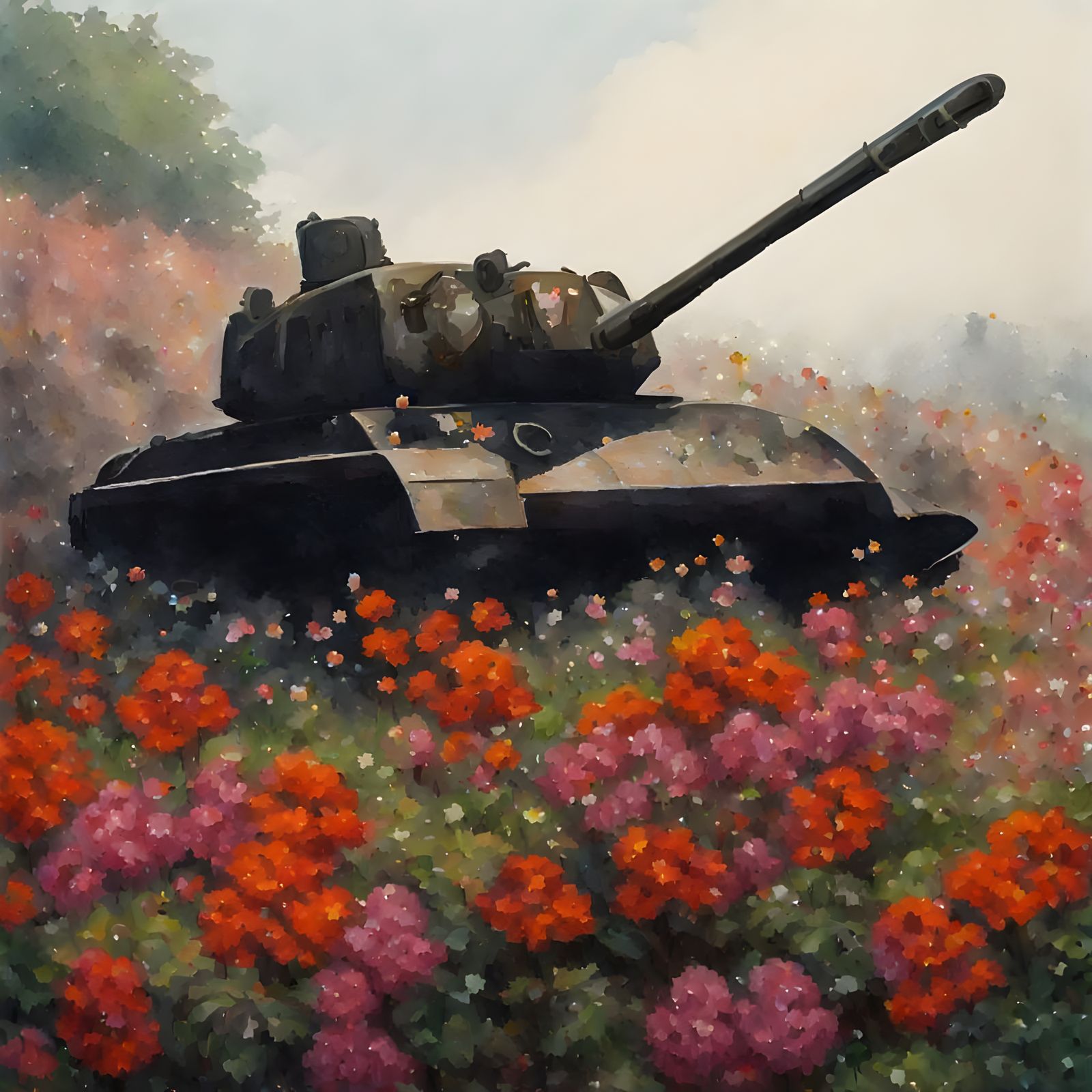 Soviet Tank Transformed by Vibrant Blooms in Impressionist O...
