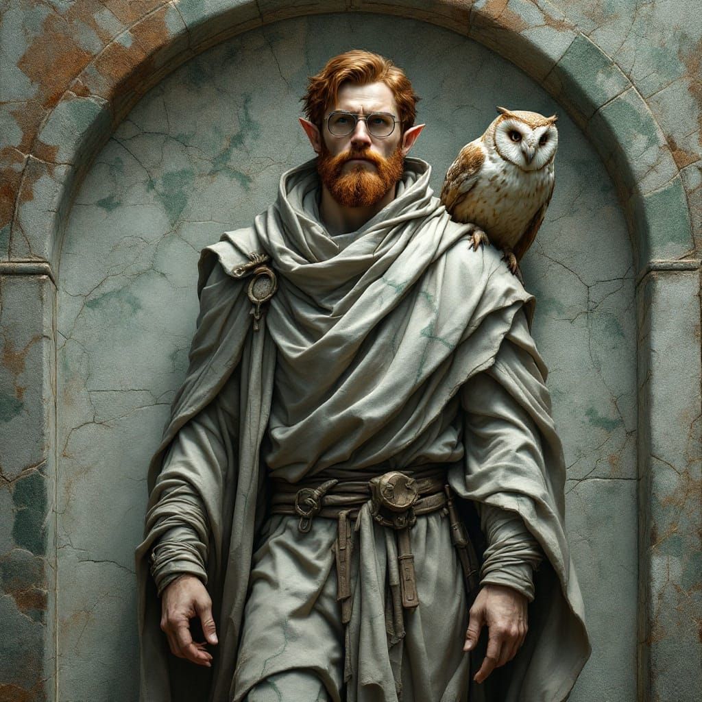 Classical Marble Statue of Enigmatic Figure with Owl