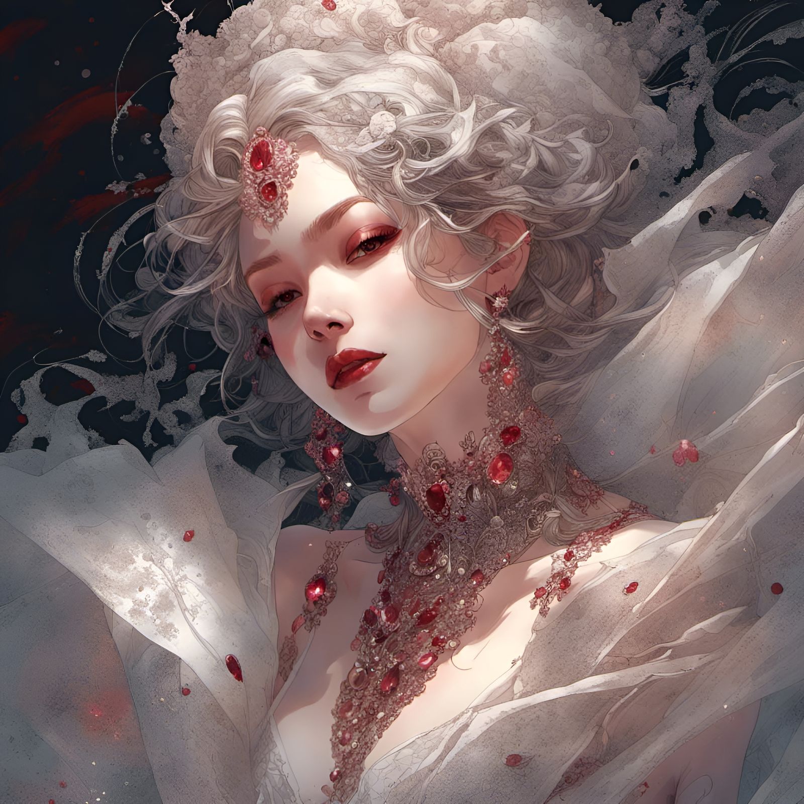 Gem-Encrusted Lady in Moonlight, Hyperrealistic Art