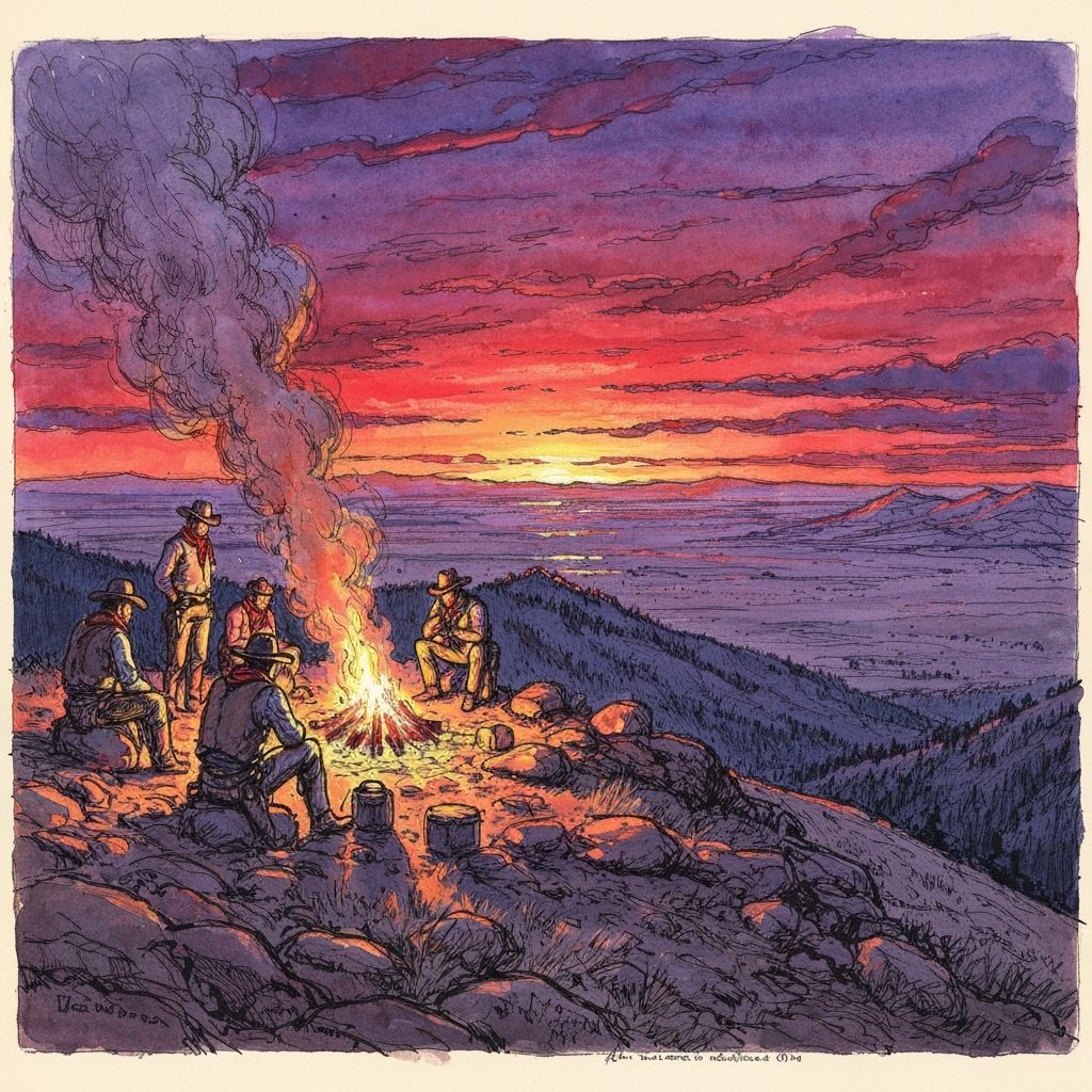 Cowboys Around Campfire at Sunset, Western Mountain Ridge