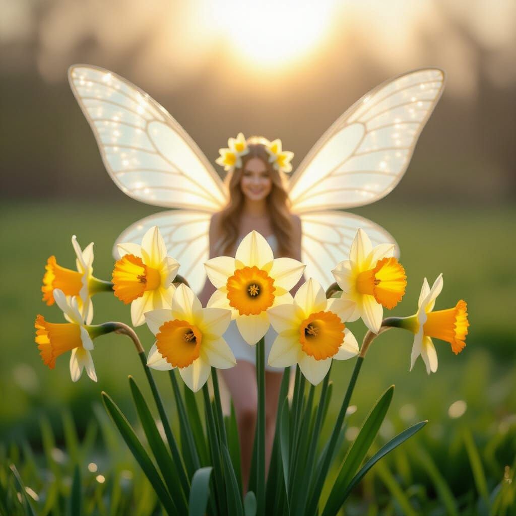 Daffodil Fairy Among Flowers in Deep Perspective