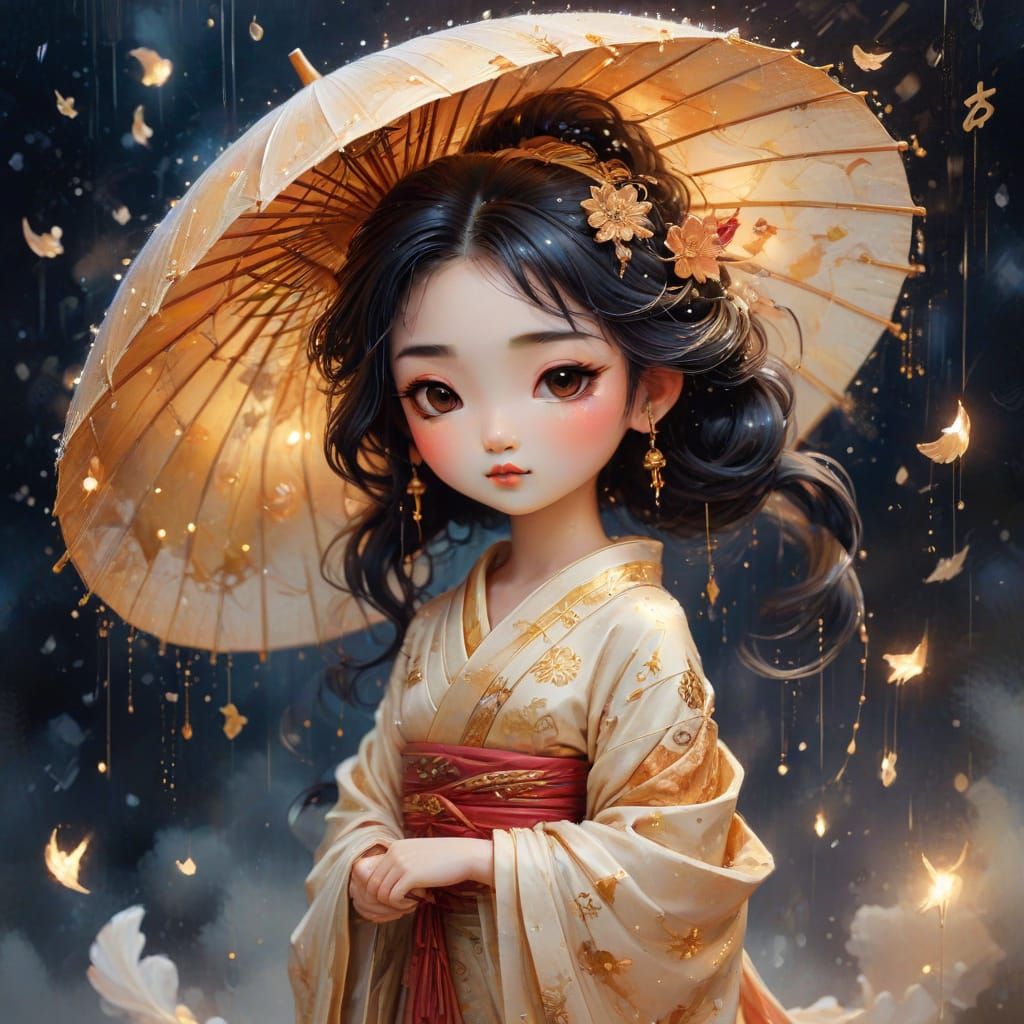 Whimsical Watercolor Geisha in Celestial Rain
