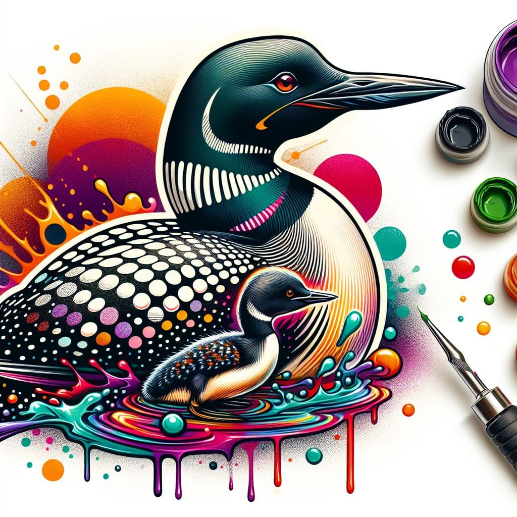 Loon and Baby Loon Tattoo Design in Graffiti Style