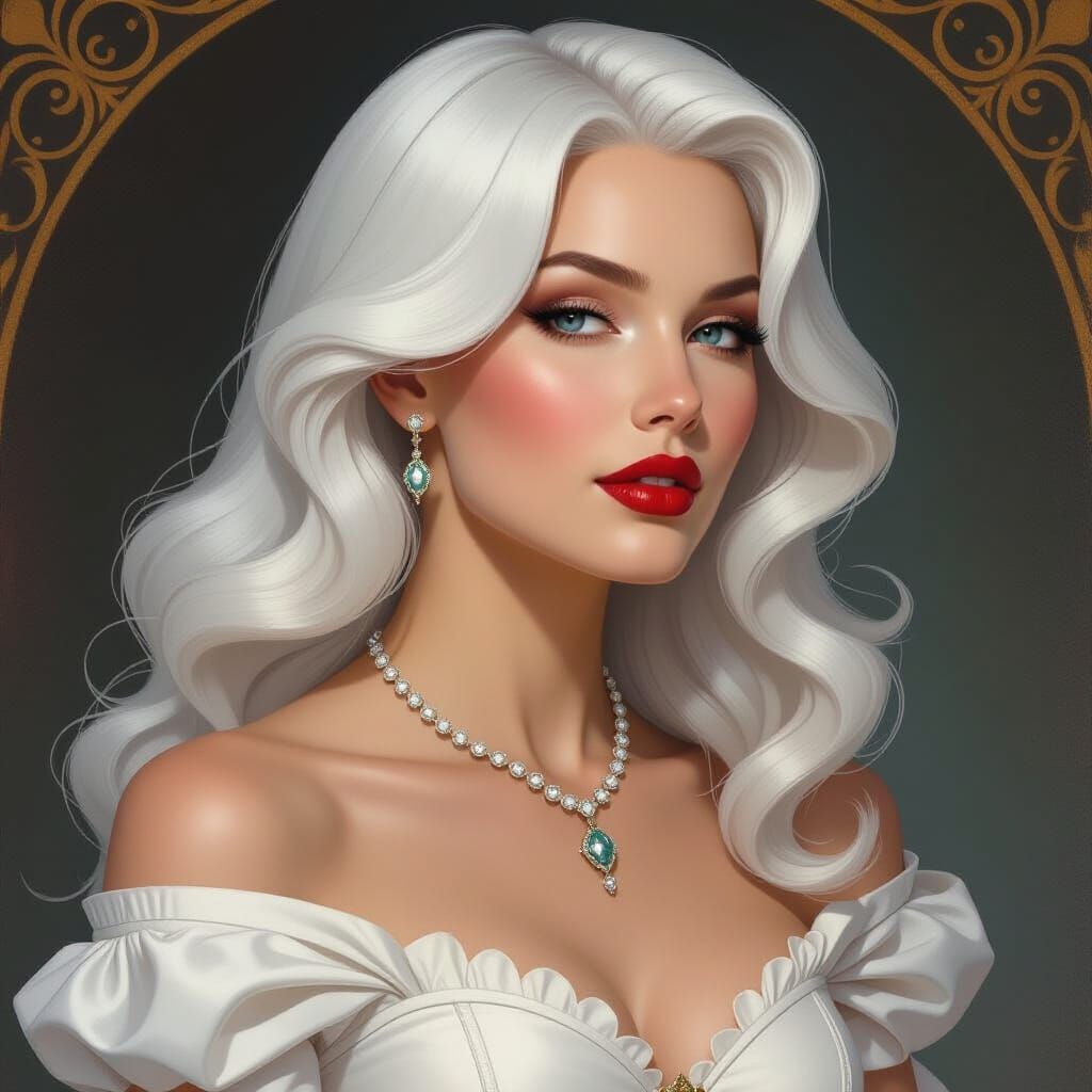 Regal Portrait Painting of a Woman with White Hair