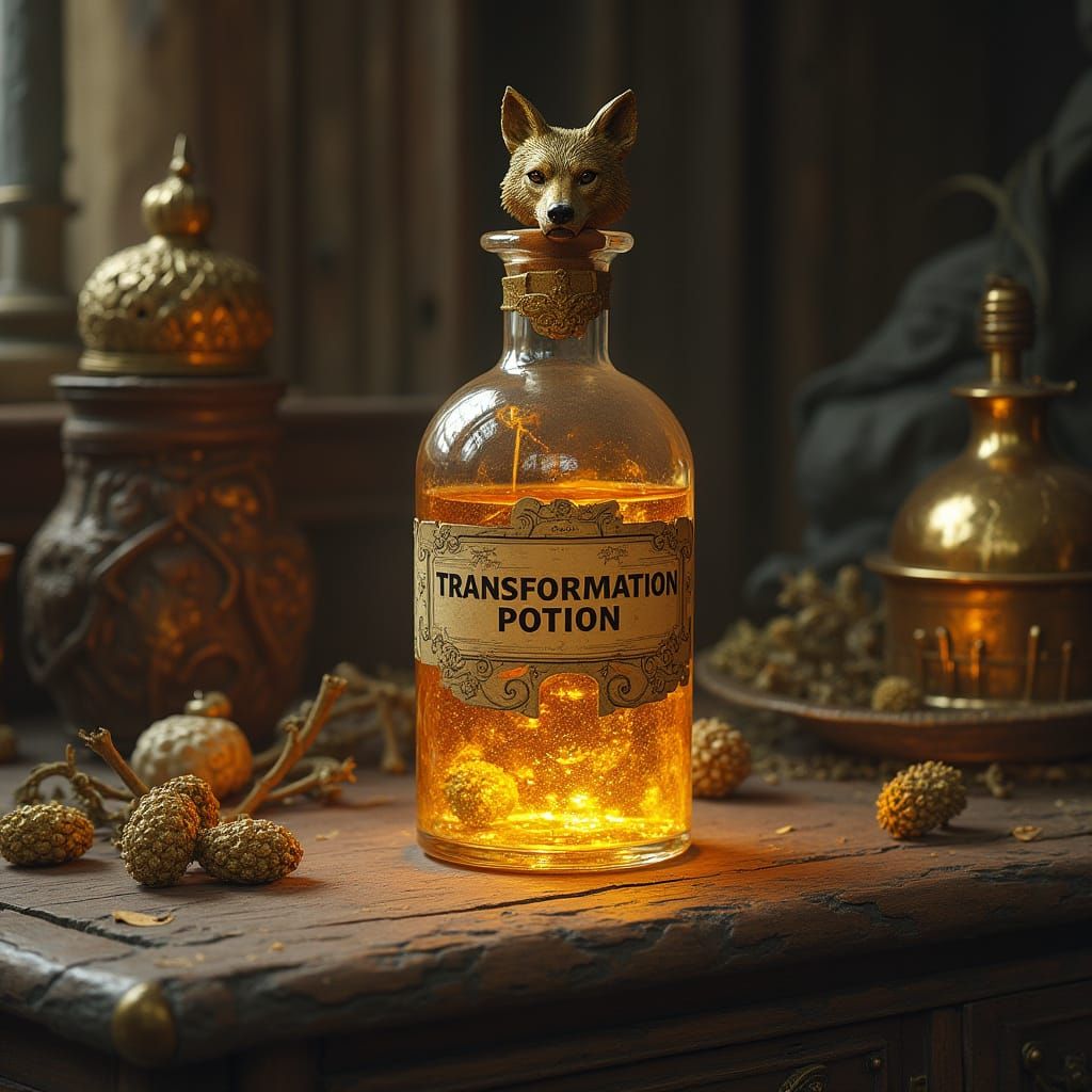 Fantasy Bottle of Transformation Potion on Wooden Desk