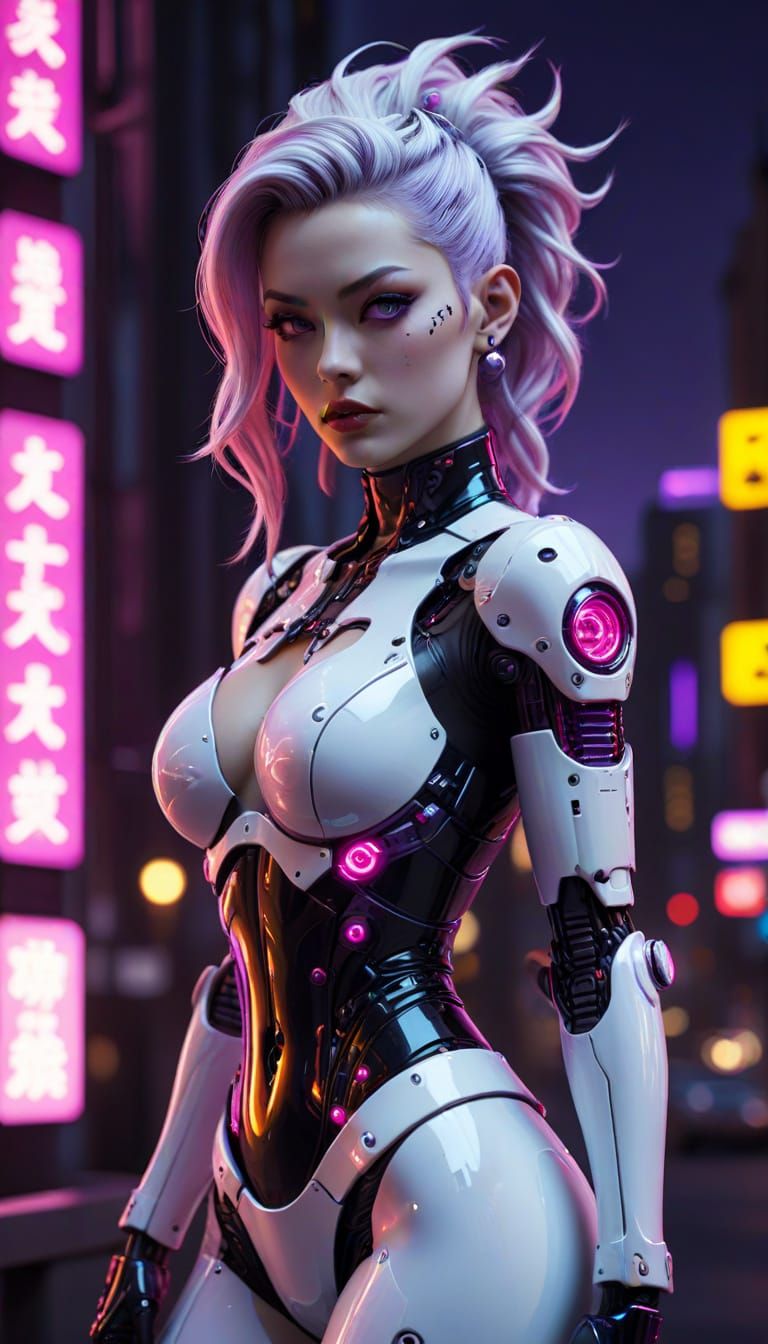 Cyberpunk Android Pinup in Neon Cityscape