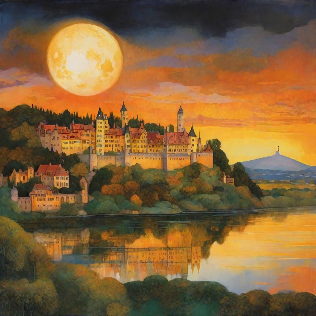 Moonlit Lake Village in Symbolist Dreamscape
