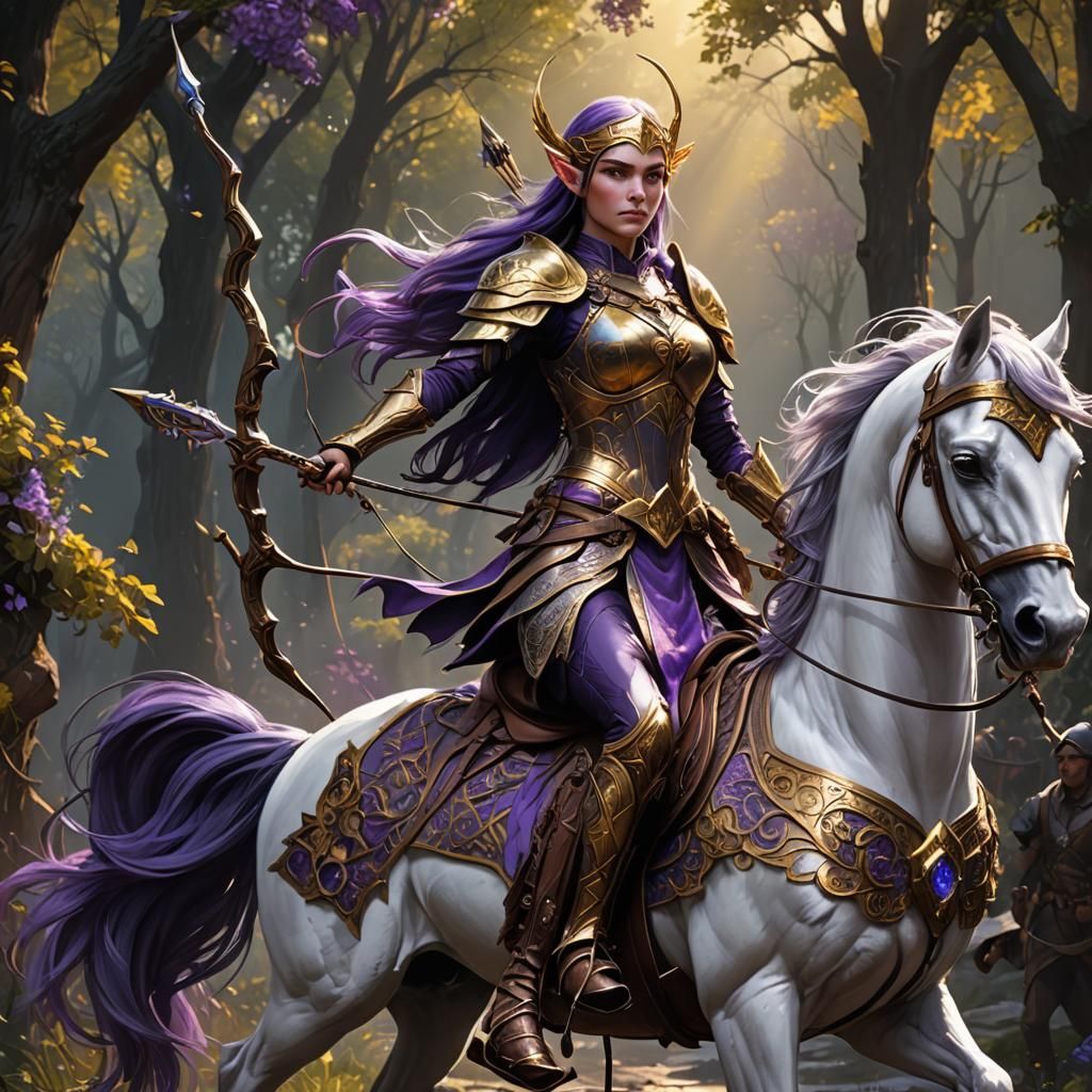 Elven Archer Princess on Horse in Dark Fantasy Style