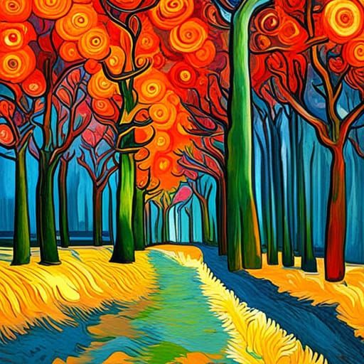 Psychedelic Trees in Van Gogh Style