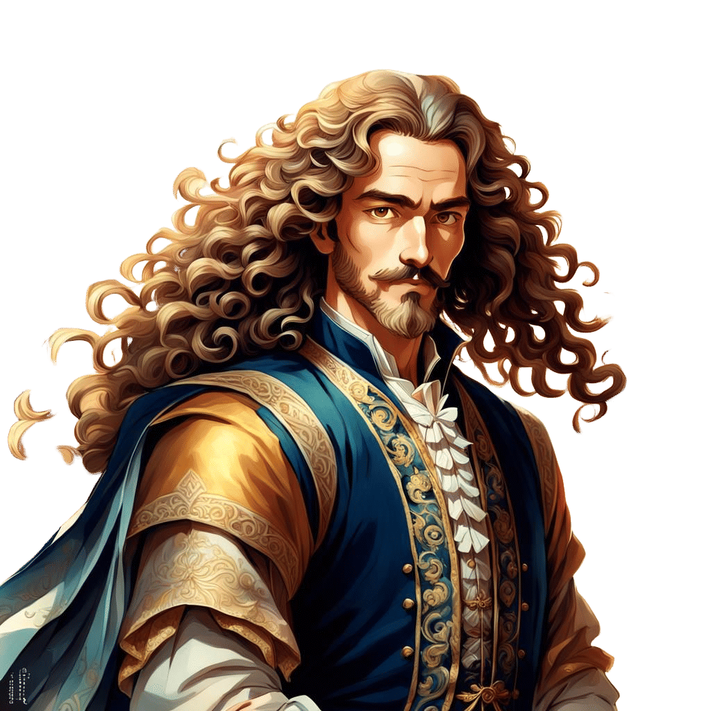 An anime-style illustration of a man resembling Pierre Corneille with long curly hair, a slight mustache and beard, in a...