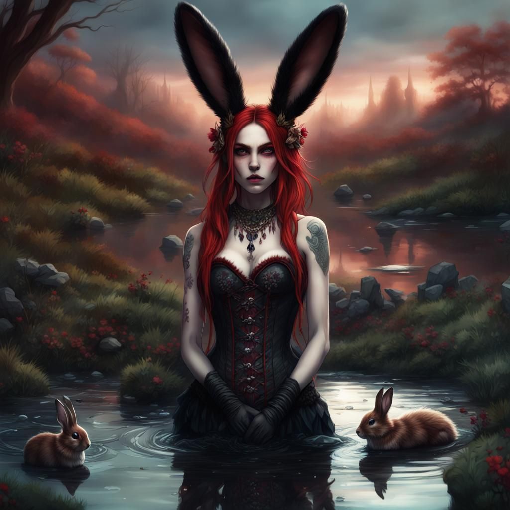 Rabbit Girl in Pond, Detailed Matte Painting