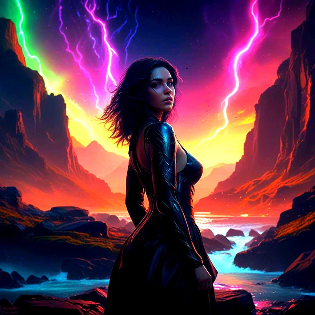 Sapphire-Eyed Woman Amidst Aurora, Synthwave Style