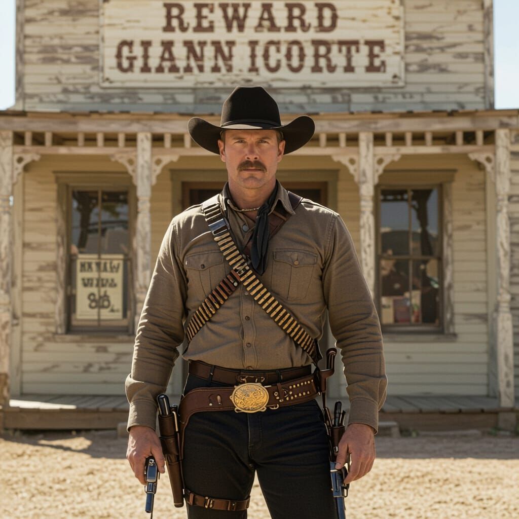 Texas Ranger Prepares for Duel in Cinematic Western Film Sti...
