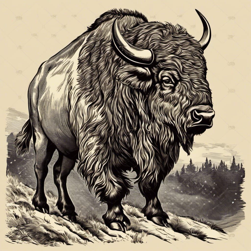 Vintage Bison Clipart in Distressed Retro Style