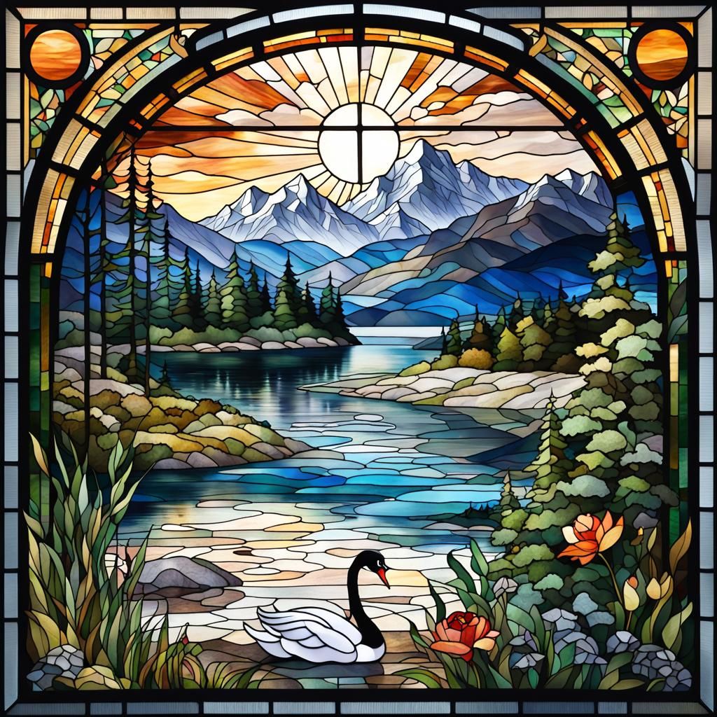 Stained Glass Window: Mountain View with Swan