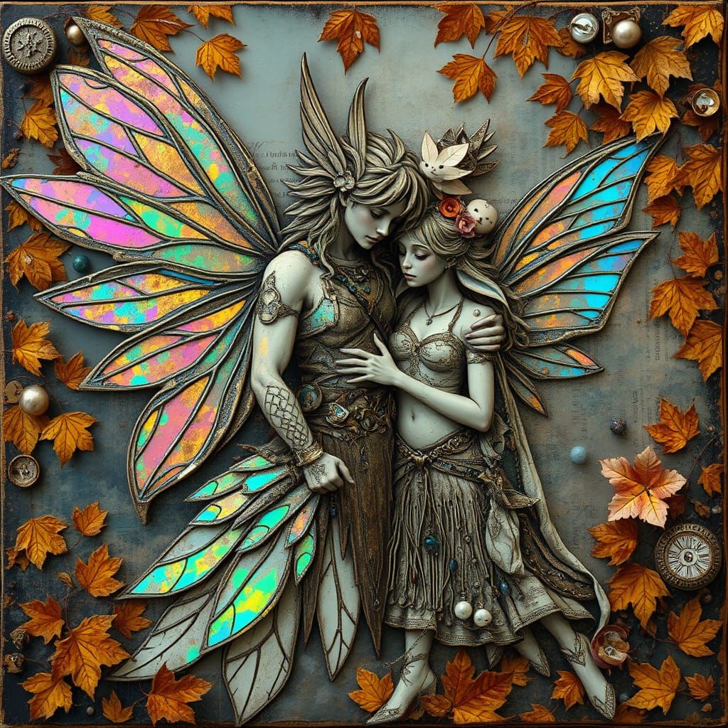 Winged Fairies in Autumnal Encaustic Mixed Media