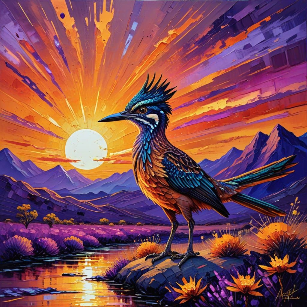Golden Roadrunner in Vibrant Purple Desert Sunset